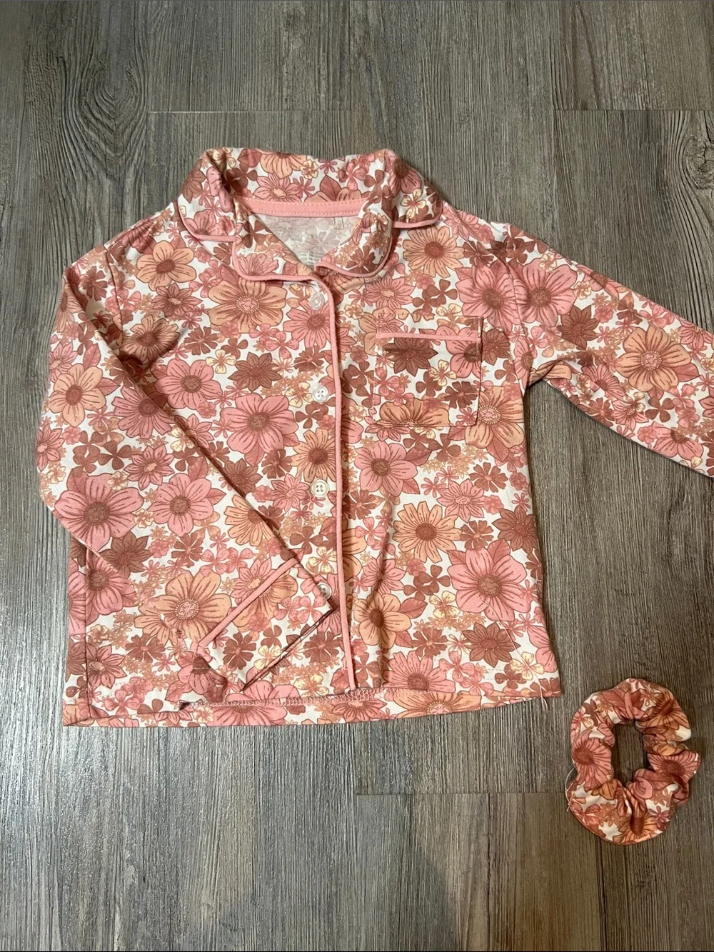 Girls' Floral Pink Button-Front Pajama Set with Scrunchie- Size 2T